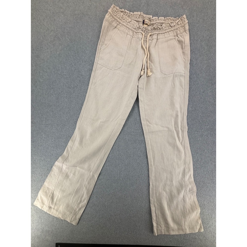 Roxy Pants Womens XS Tan Linen Blend Smocked Waist Beach Boho Casual
